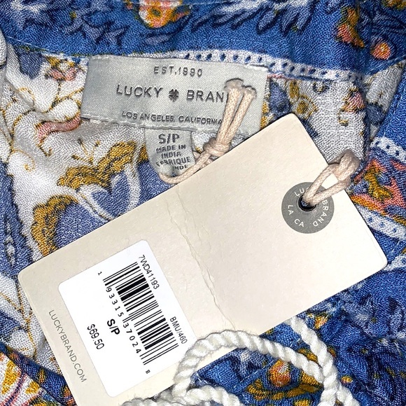 Lucky Brand size SP blouse blue & ivory BOHO 3/4 sleeves w keyhole & tassel ties - Picture 11 of 15